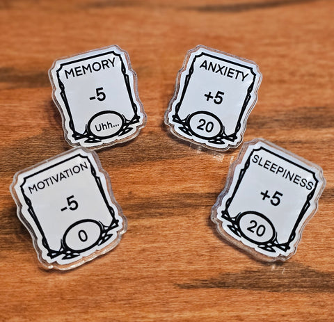 RPG Status Effect Acrylic 1” Pins – Anxiety, Sleepiness, Memory, Motivation