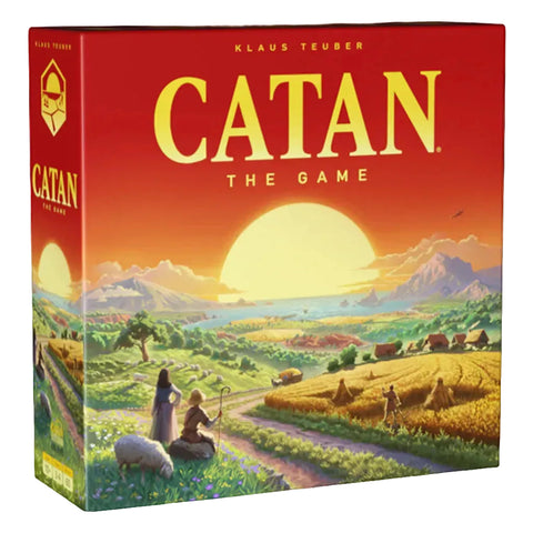 Board game box for 'Catan' with a scenic design and red background.