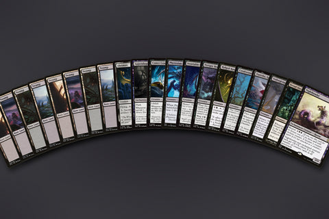 Representative sample of the Black Horrors MTG Repack: 20 cards fanned out, 8 Swamps to a Horror rare. Actual cards vary from pack to pack.