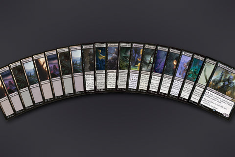 Representative sample of the Black Zombies MTG Repack: 20 cards fanned out, 8 Swamps to a Zombie rare. Actual cards vary from pack to pack.