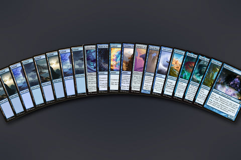 Representative sample of the Blue Counterspells MTG Repack: 20 cards fanned out, 8 Islands to the rare. Actual cards vary from pack to pack.