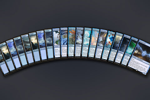 Representative sample of the Blue Flyers MTG Repack: 20 cards fanned out, 8 Islands to a flying rare. Actual cards vary from pack to pack.