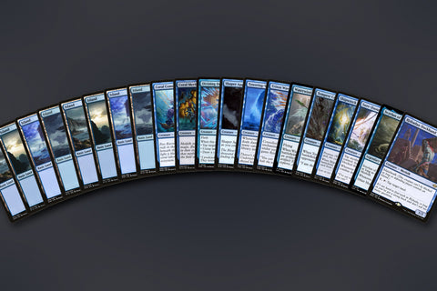 Representative sample of the Blue Merfolk MTG Repack: 20 cards fanned out, 8 Islands to a Merfolk rare. Actual cards vary from pack to pack.