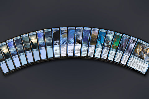 Representative sample of the Blue Wizards MTG Repack: 20 cards fanned out, 8 Islands to a Wizard rare. Actual cards vary from pack to pack.