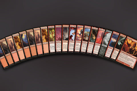 Representative sample of the Red Warriors MTG Repack: 20 cards fanned out, 8 Mountains to a Warrior rare. Actual cards vary from pack to pack.